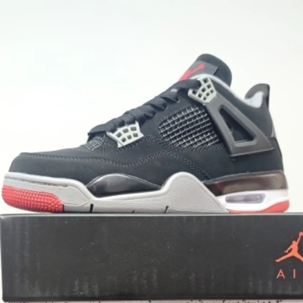 New With Box Men's Air Jordan 4 Bred (Black Fire Red Cement Grey)